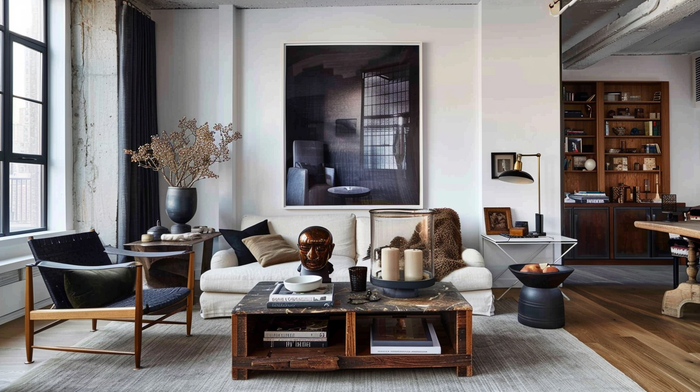 Cosy winter living room styled with layered cushions, textured throws, candles, modern art, and eclectic decor—inviting and elegant Gray & Co aesthetic.