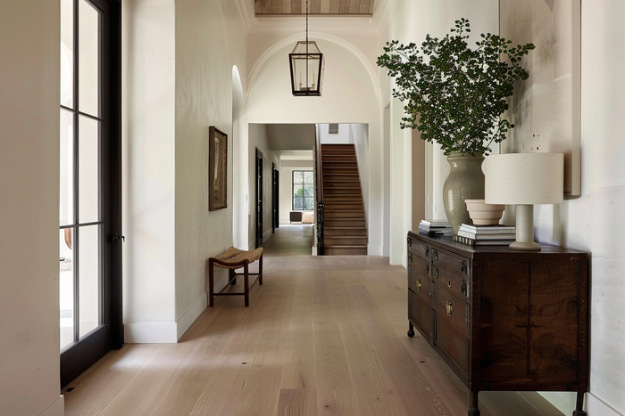 Clean, layered hallway in a luxury Victorian terrace with timber floors and curated styling.