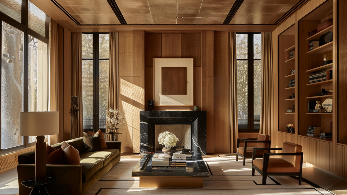 Art Deco interior design Sydney—timber-panelled living room with stepped black stone fireplace, olive sofa, built-in shelves and daylight through tall drapes.