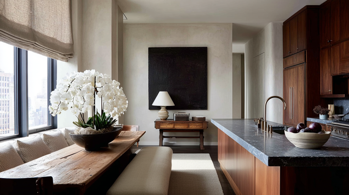 Streamlined kitchen with integrated writing desk, white orchids, oak cabinetry and honed marble — luxurious home interiors.