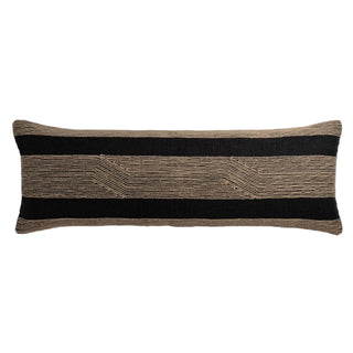 Rectangular pillow with black and beige stripes on a light gray background
