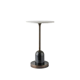 Small round table with a white top and black base on a white background