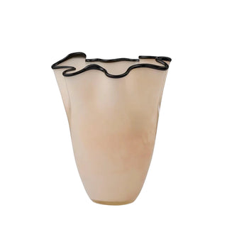 Glass vase with wavy black rim on a white background
