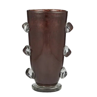 Decorative vase with a dark brown cylindrical body and silver decorative elements on a white background