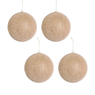 Four beige textured spherical hanging lights on a white background
