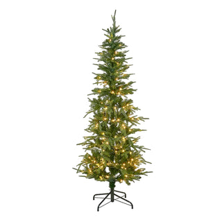 Pre-lit Christmas tree with green needles and white lights on a white background