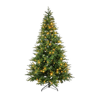 Pre-lit Christmas tree with green needles and warm white lights on a light gray background