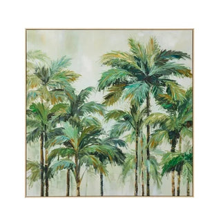 Cairns Nat framed canvas artwork — tropical palm trees painted in layered greens against a soft sky, slim natural-tone frame, 100 x 100 cm