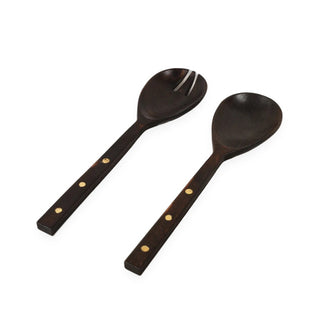 Dark Wood Salad Servers with Brass Rivets - handmade serving set