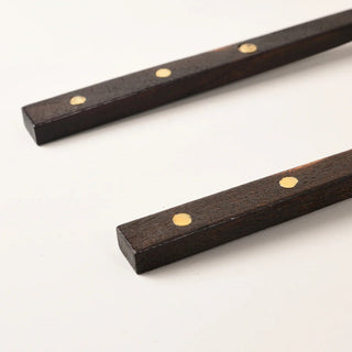 Dark Wood Salad Servers brass rivet handle detail close up
