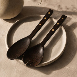 Dark Wood Salad Servers styled on a ceramic serving plate