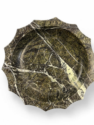 Green marble scalloped bowl studio detail top-down view - Gray & Co