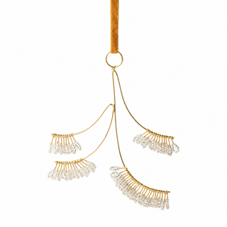 White glass beaded stems decoration with gold wire and velvet ribbon on white