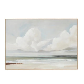 Hillston Ash framed canvas artwork — soft coastal seascape with cloud bank over a quiet shoreline, slim natural-tone frame, 100 x 70 cm