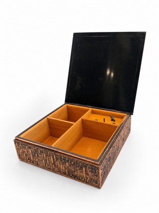 Lador Switzerland Dr Schivago musical jewellery box open, showing wood-lined compartments and music mechanism on white studio background