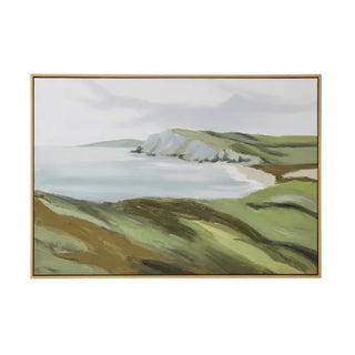 Lakeview natural frame oil painting of a coastal landscape, 100x70cm, hanging on a wall