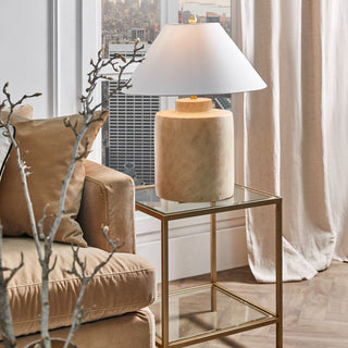 Lisbon table lamp with sandy brown base and white shade – view 2