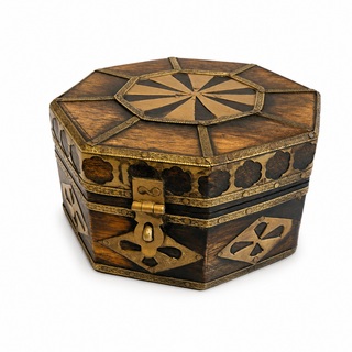 Octagonal vintage wooden box with brass pinwheel inlay lid and ornate clasp