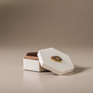 Topaz decorative box open, showing the copper-toned interior and agate gold lid detail