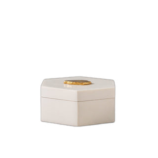 Topaz decorative box, a white hexagonal resin box with a polished agate and gold lid accent